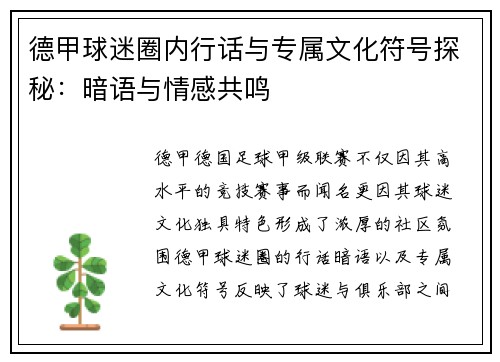 德甲球迷圈内行话与专属文化符号探秘：暗语与情感共鸣