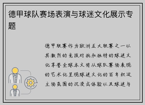 德甲球队赛场表演与球迷文化展示专题