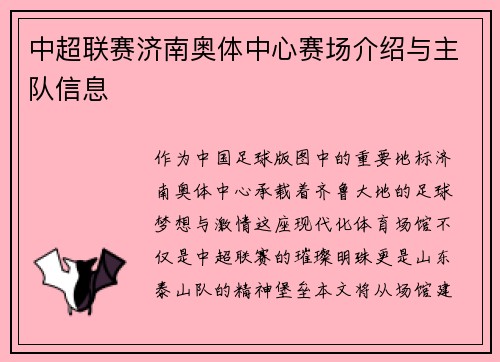 中超联赛济南奥体中心赛场介绍与主队信息