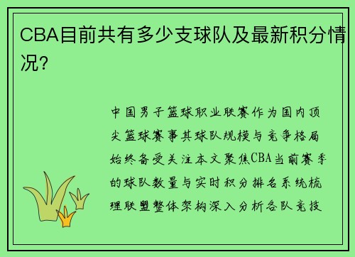 CBA目前共有多少支球队及最新积分情况？