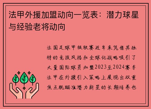法甲外援加盟动向一览表：潜力球星与经验老将动向
